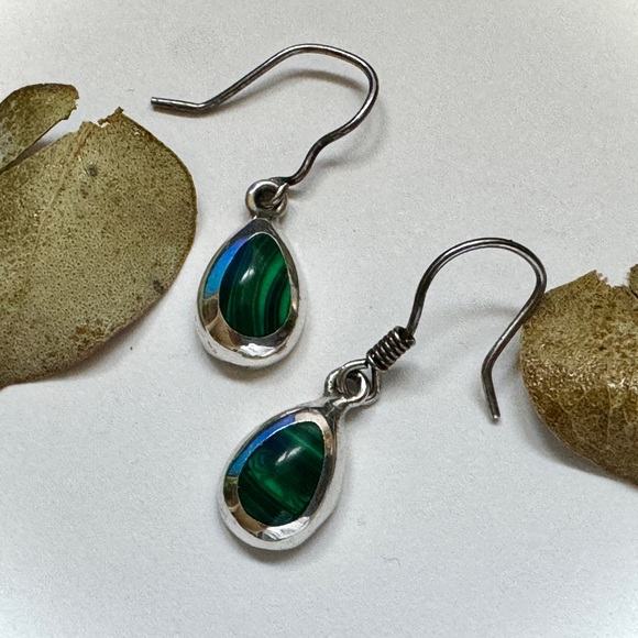 Sterling Silver Malachite Dangle Drop Earrings - Picture 5 of 9